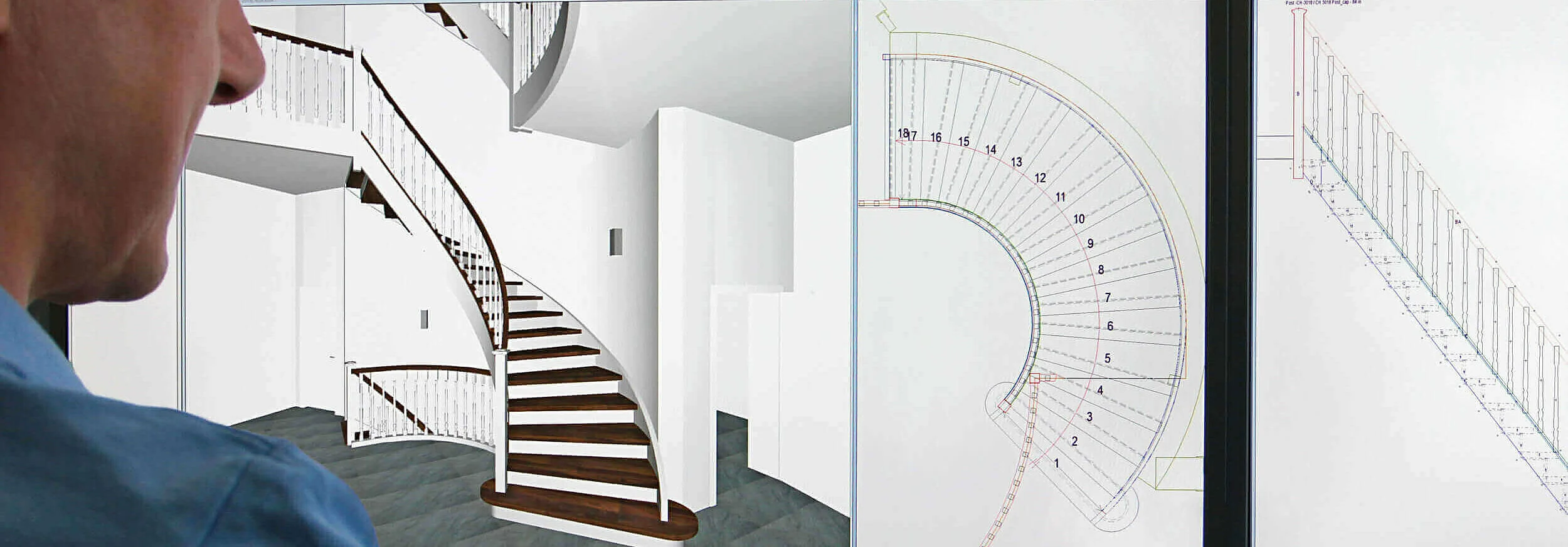 Compass Treppenkonstruktion mit räumlicher Treppe und technischer Zeichnung