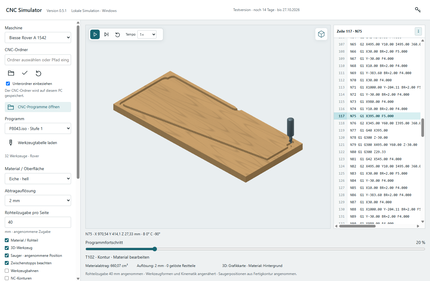 CNC Simulator mit geschlossener gefräster Kontur und aktivem Werkzeug