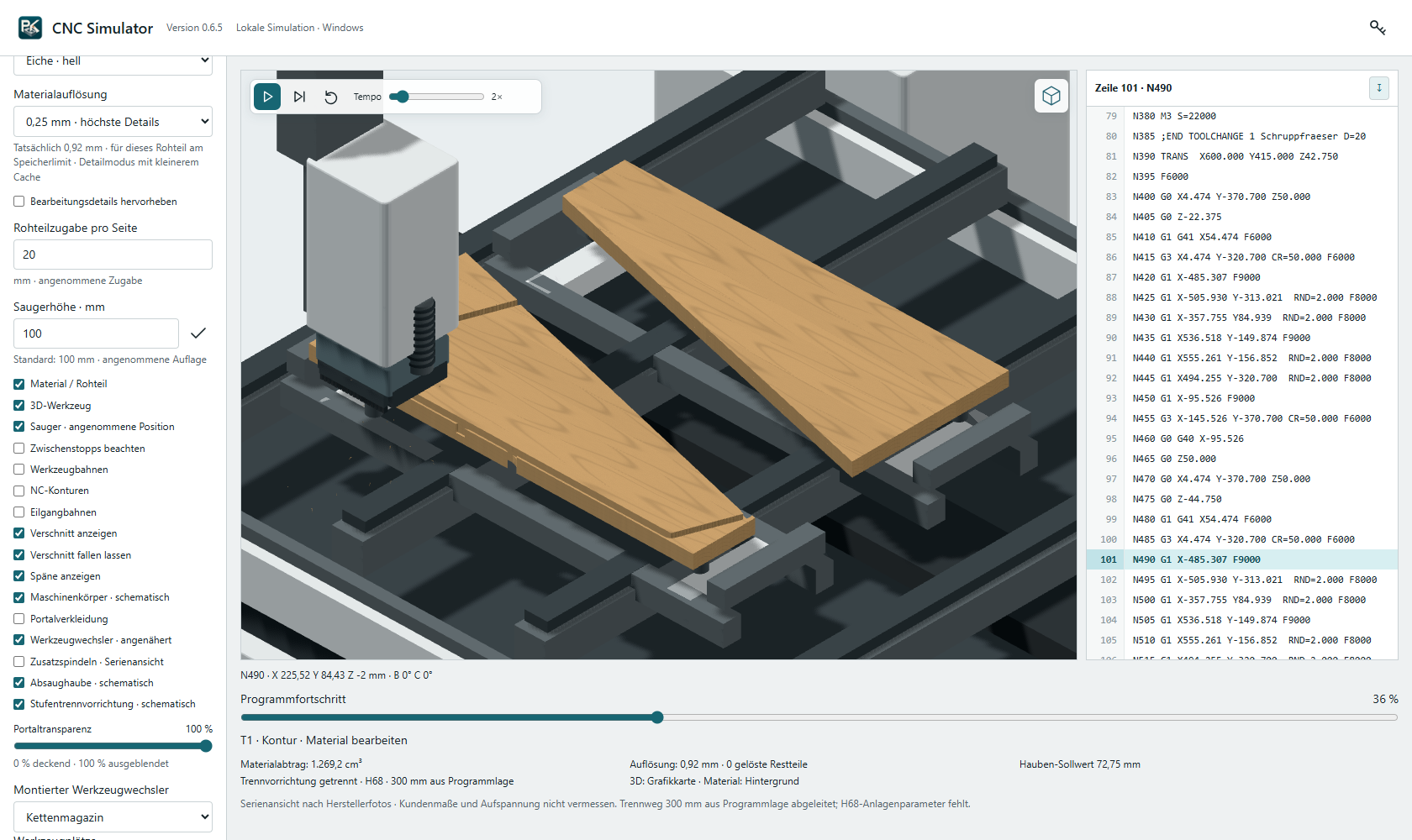 CNC Simulator mit Maschinenkörper, Auflagen, zwei Werkstücken und fortgeschrittener Bearbeitung