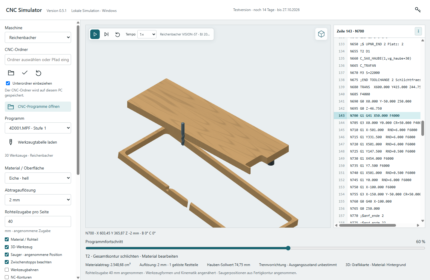 CNC Simulator mit freigefrästem Bauteil, getrenntem Außenrahmen, Werkzeug und CNC-Code
