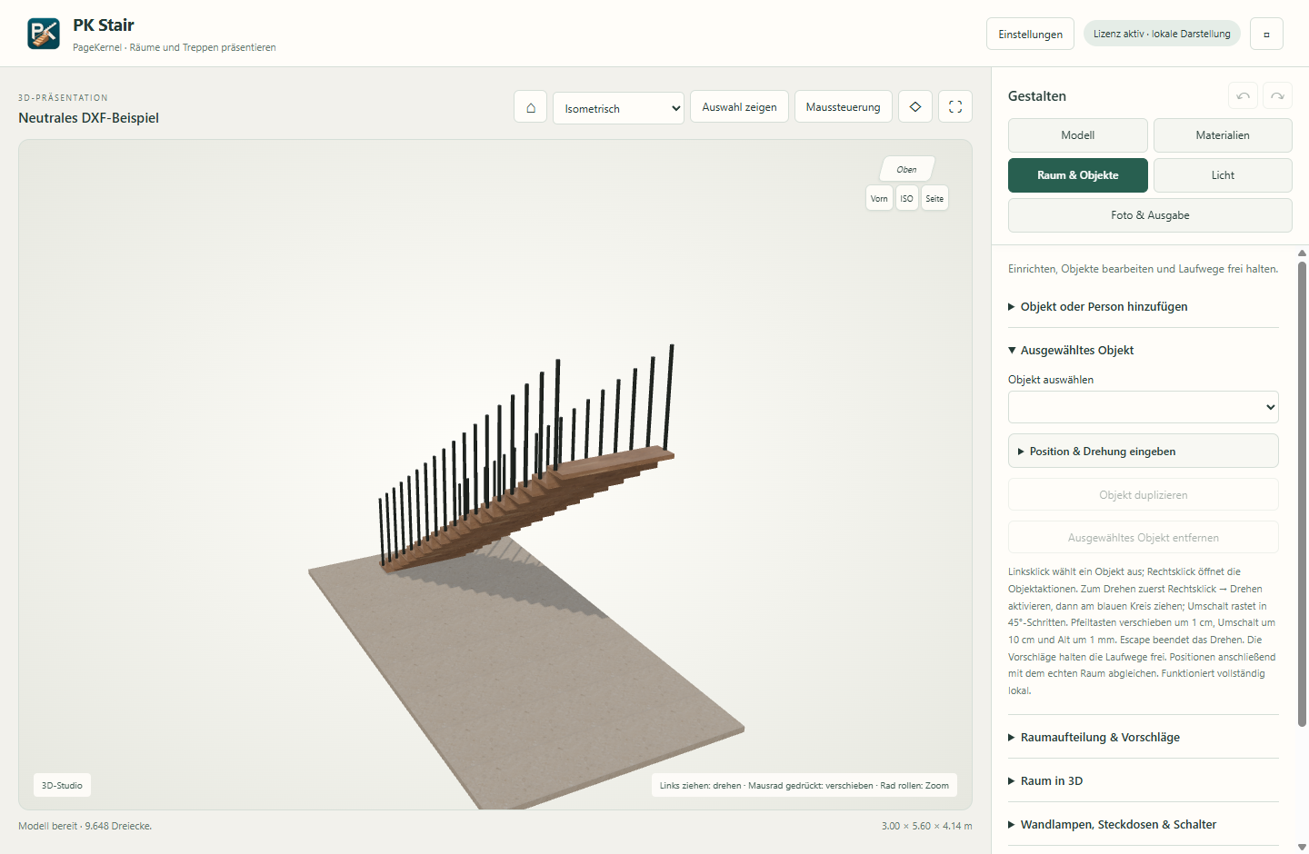 PK Stair mit frisch geladenem DXF-Treppenmodell und Modellbereich