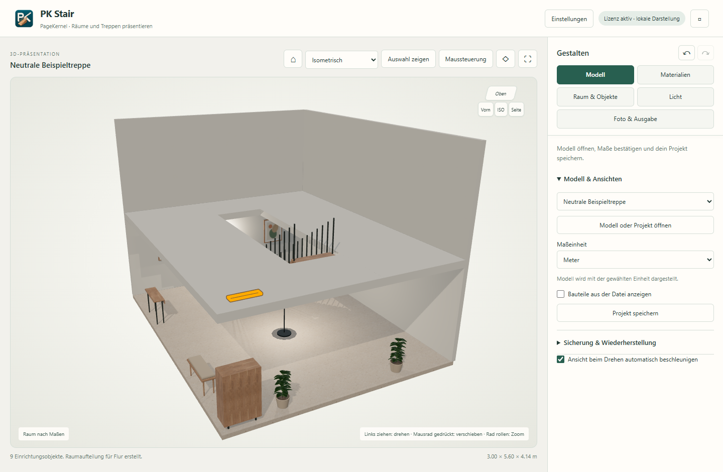 Gesamtansicht von PK Stair mit Treppenmodell, eingerichtetem Raum und Modellsteuerung